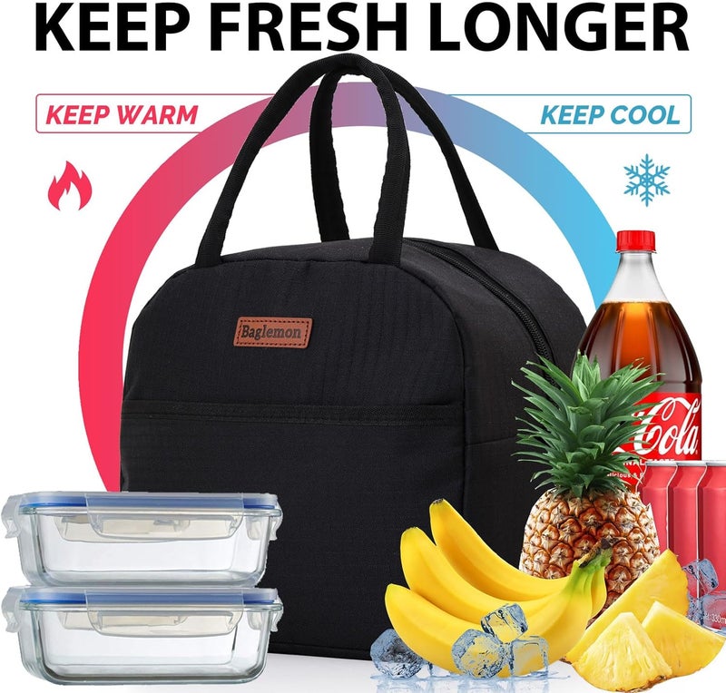 Baglemon Insulated Lunch Bag for Women Men, Lunch Containers Reusable High Capacity Lunch Tote Bags for Work Picnic (Black) - Image 4